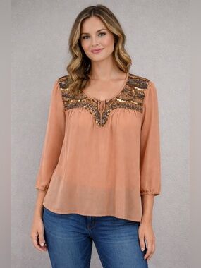 BKE Boutique Embellished Peach Boho Blouse